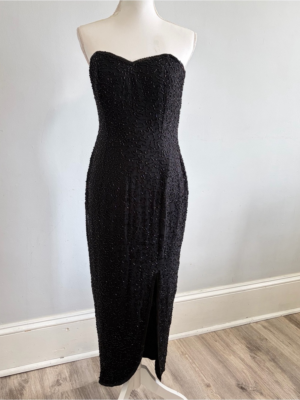 Vtg Morgan Taylor Evening Gown Silk Black Beaded Sequin Dress Strapless 90s Y2k